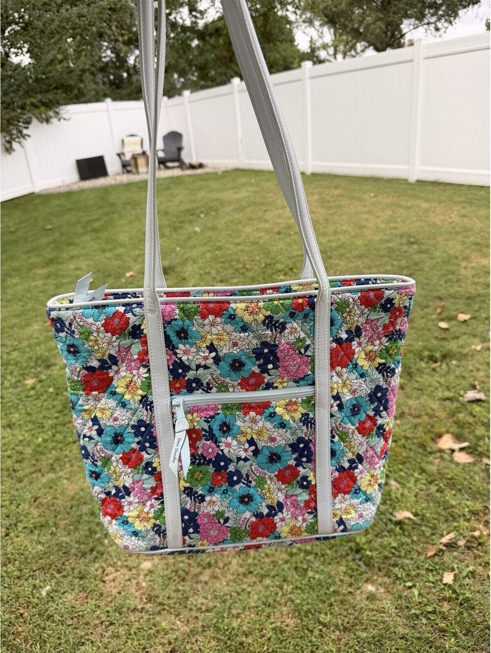 Vera Bradley Floral Quilted Multicolor Tote with White Straps, Zipper